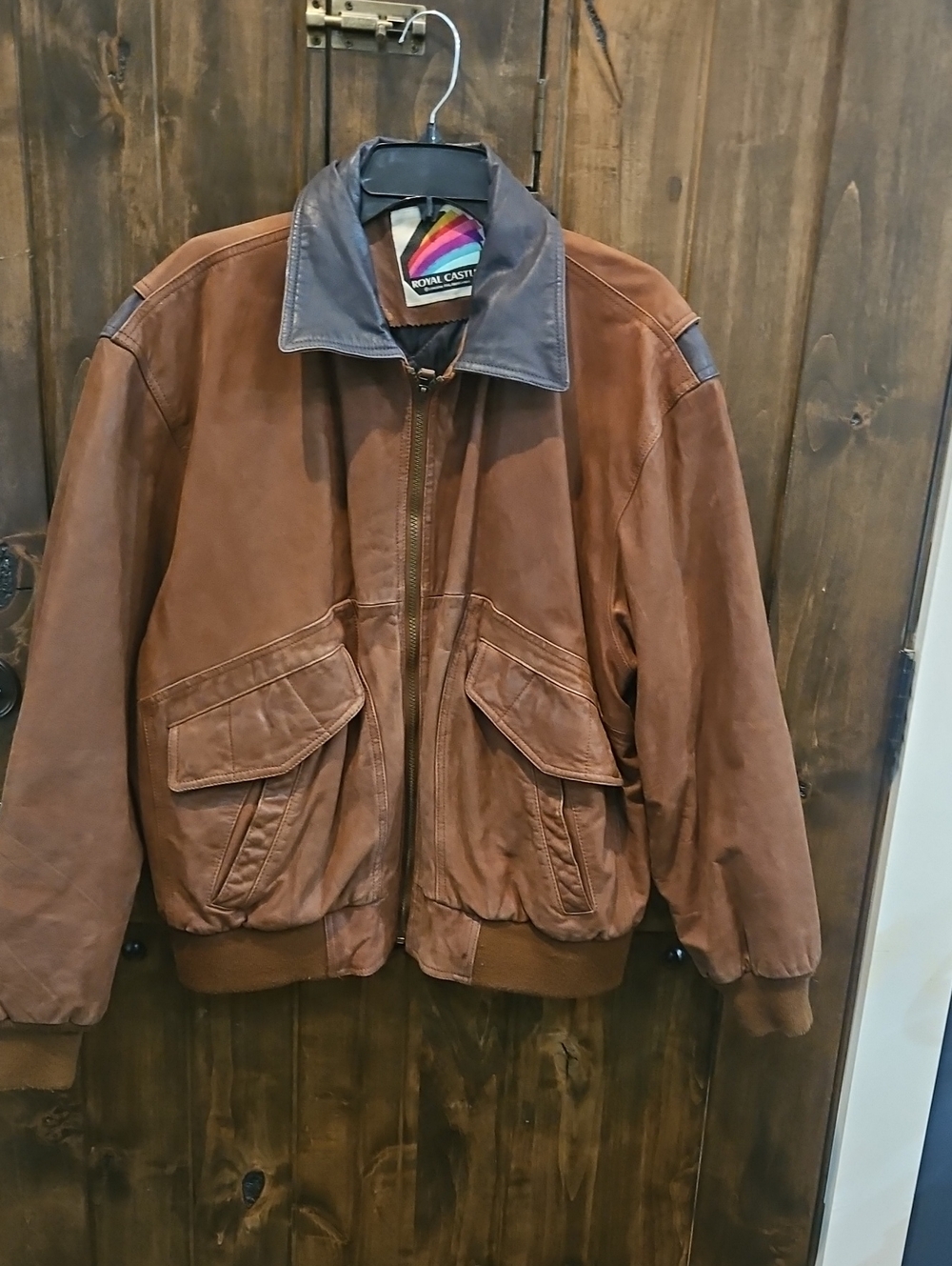 Vintage 90's London Fog Royal Castle Brown Leather Bomber Jacket w/Dark Collar